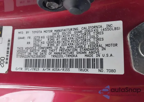 2006 Toyota Tacoma z USA, uszkodzony, nr VIN 5TENX22N76Z168085